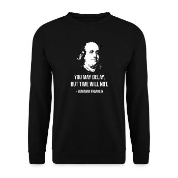 Aktuelles Franklin-Zitatporträt - Unisex Pullover - Schwarz - Vorne - Alina (178cm) & Michal (187cm)
