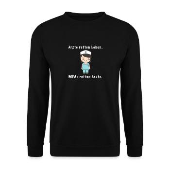 Lustiges MFA Spruchshirt – MFAs retten Ärzte - Unisex Pullover - Schwarz - Vorne - Alina (178cm) & Michal (187cm)