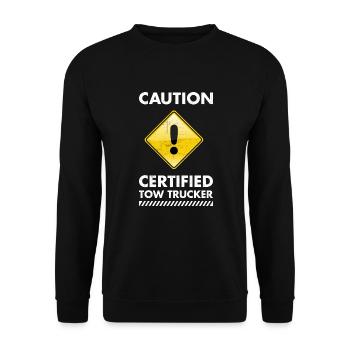 Caution Certified Tow Trucker Tow Truck Operator - Unisex Pullover - Schwarz - Vorne - Alina (178cm) & Michal (187cm)
