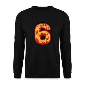 Nummer 6 mit Flammen - Zahl sechs mit Feuer 🔥 - Unisex Pullover - Schwarz - Vorne - Alina (178cm) & Michal (187cm)