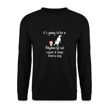 es wird ein Polydactyl Katze Kaffee Nickerchen Tee - Unisex Pullover - Schwarz - Vorne - Alina (178cm) & Michal (187cm)