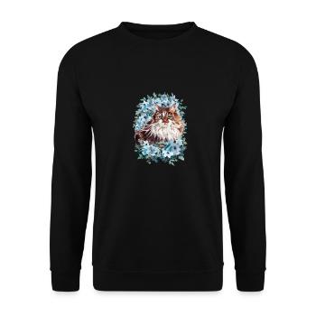 Norwegische Waldkatze mit Blumen - Aquarell - Unisex Pullover - Schwarz - Vorne - Alina (178cm) & Michal (187cm)