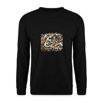 Wellen, die einen Palast bedecken, der von persischer Kunst inspiriert ist - Unisex Pullover - Schwarz - Vorne - Alina (178cm) & Michal (187cm)