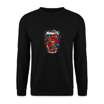 Urbane Kaffeeszene Pop-Art-Design - Unisex Pullover - Schwarz - Vorne - Alina (178cm) & Michal (187cm)