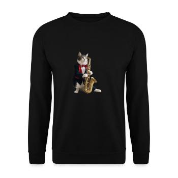 Katze Musiker Saxophon - Unisex Pullover - Schwarz - Vorne - Alina (178cm) & Michal (187cm)