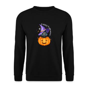Katze mit Kürbis -Happy Halloween- - Unisex Pullover - Schwarz - Vorne - Alina (178cm) & Michal (187cm)