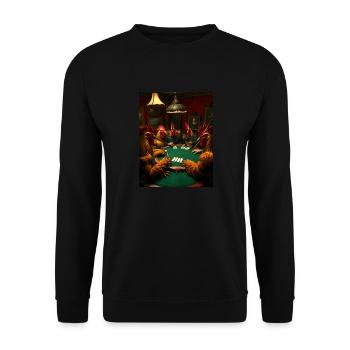 Geflügeltes Pokerface – Hähne zocken - Unisex Pullover - Schwarz - Vorne - Alina (178cm) & Michal (187cm)
