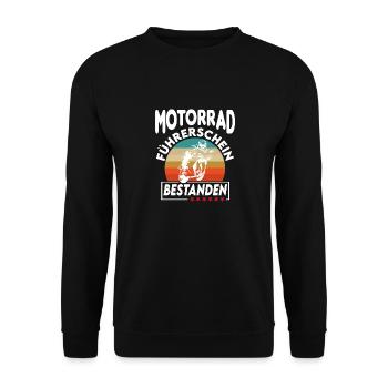 Motorrad Führerschein bestanden - Unisex Pullover - Schwarz - Vorne - Alina (178cm) & Michal (187cm)