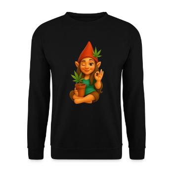 Zwergin im Schneidersitz mit Cannabispflanze - Unisex Pullover - Schwarz - Vorne - Alina (178cm) & Michal (187cm)