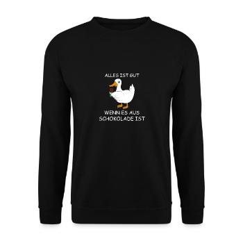 Ente mit Schokolade Spruch - Unisex Pullover - Schwarz - Vorne - Alina (178cm) & Michal (187cm)