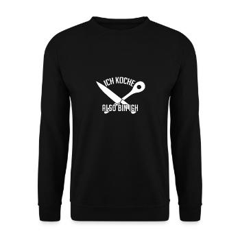 Ich koche also bin ich - lustiger Kochspruch - Unisex Pullover - Schwarz - Vorne - Alina (178cm) & Michal (187cm)