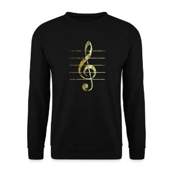 Violinschlüssel mit Notenlinien (Vintage/Goldgelb) - Unisex Pullover - Schwarz - Vorne - Alina (178cm) & Michal (187cm)