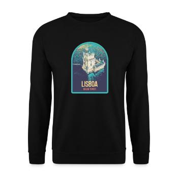 Illustration Belém Tower Lissabon, Luftaufnahme - Unisex Pullover - Schwarz - Vorne - Alina (178cm) & Michal (187cm)