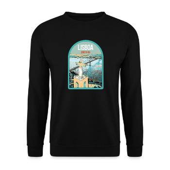 Christus König Lissabon: Blick auf die Brücke des 25. April über den Tejo - Unisex Pullover - Schwarz - Vorne - Alina (178cm) & Michal (187cm)