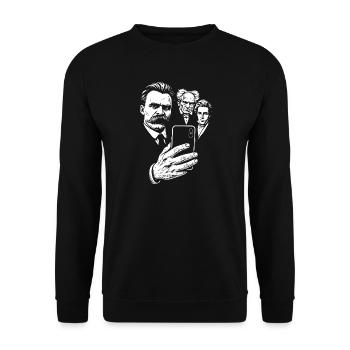 Nietzsche-Selfie mit Schopenhauer und Kierkegaard - Unisex Pullover - Schwarz - Vorne - Alina (178cm) & Michal (187cm)