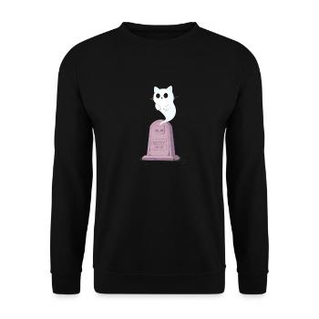Geisterkätzchen am Grabstein - Unisex Pullover - Schwarz - Vorne - Alina (178cm) & Michal (187cm)