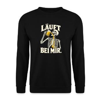 Läuft bei mir Bier Skelett Saufen Spruch Geschenk - Unisex Pullover - Schwarz - Vorne - Alina (178cm) & Michal (187cm)