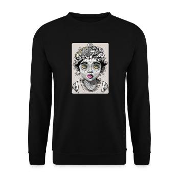 Psychedelisches mysteriöses Kind mit Pilzhaar - Unisex Pullover - Schwarz - Vorne - Alina (178cm) & Michal (187cm)