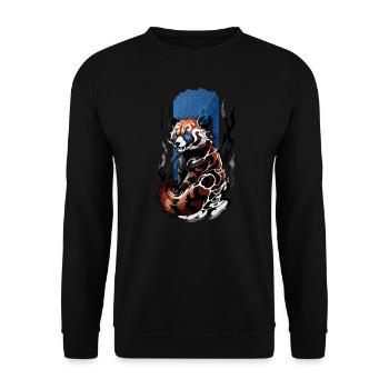 Rätselhafte Ausstrahlung: Roter Panda mit blauen Augen - Unisex Pullover - Schwarz - Vorne - Alina (178cm) & Michal (187cm)