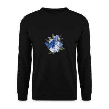 Blauer Schmetterling auf herrlichem blauen Blumenstrauß - Unisex Pullover - Schwarz - Vorne - Alina (178cm) & Michal (187cm)
