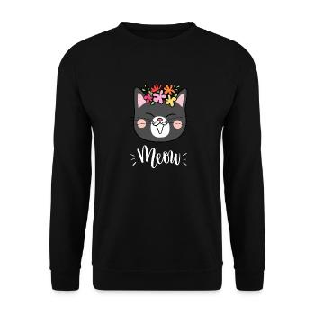 Niedliche Kawaii lustige Katze mit Blumen, die Miauen sagen - Unisex Pullover - Schwarz - Vorne - Alina (178cm) & Michal (187cm)