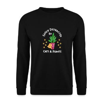 Lässt sich leicht von Katzen und Pflanzen ablenken - Unisex Pullover - Schwarz - Vorne - Alina (178cm) & Michal (187cm)