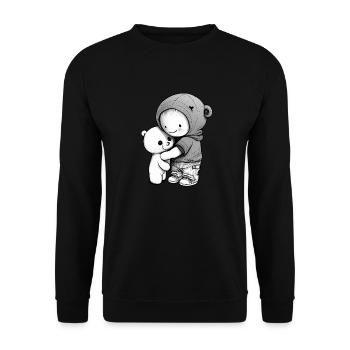 Kind kuschelt mit Teddybär - Unisex Pullover - Schwarz - Vorne - Alina (178cm) & Michal (187cm)