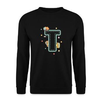 Buchstabe t Fahrzeug - personalisiertes Kindergeschenk - Unisex Pullover - Schwarz - Vorne - Alina (178cm) & Michal (187cm)