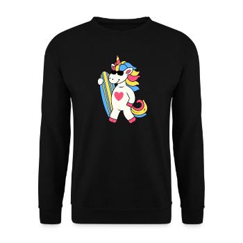 EINHORN SURFEN EINHÖRNER SURFING SURFBRETT MOTIV - Unisex Pullover - Schwarz - Vorne - Alina (178cm) & Michal (187cm)