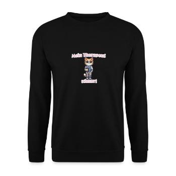 Mein Therapeut schnurrt – Lustiges Katzenmotiv - Unisex Pullover - Schwarz - Vorne - Alina (178cm) & Michal (187cm)