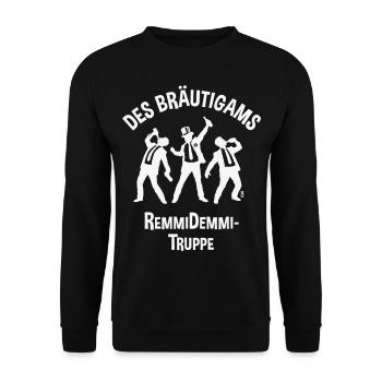 Des Bräutigams Remmidemmi-Truppe (JGA Bier Team W) - Unisex Pullover - Schwarz - Vorne - Alina (178cm) & Michal (187cm)