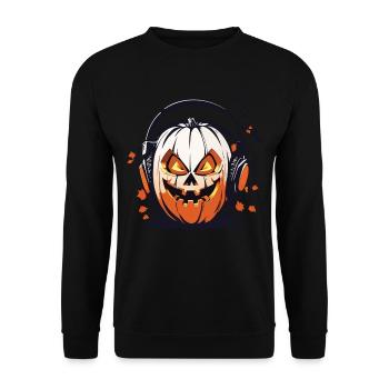 Halloween Musik Kürbis Kopfhörer Spaß Design - Unisex Pullover - Schwarz - Vorne - Alina (178cm) & Michal (187cm)