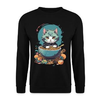 Kawaii Katze Ramen Pastell Japan Design - Unisex Pullover - Schwarz - Vorne - Alina (178cm) & Michal (187cm)