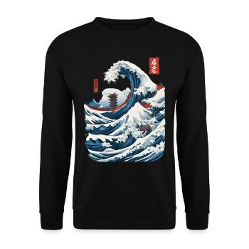 Vintage Japon Ukiyo-E vague Streetwear Design - Sweat-shirt Unisexe - noir - Devant - Alina (178cm) & Michal (187cm)