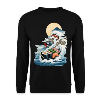 Japan Sushi Ukiyo-E Welle Streetwear Food Design - Unisex Pullover - Schwarz - Vorne - Alina (178cm) & Michal (187cm)