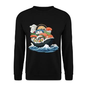 Sushi Festmahl Aesthetic mit Japanischem Yokai - Unisex Pullover - Schwarz - Vorne - Alina (178cm) & Michal (187cm)