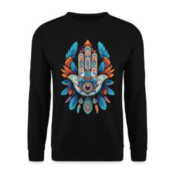 Spirituelle Hamsa Hand Mandala Federn - Unisex Pullover - Schwarz - Vorne - Alina (178cm) & Michal (187cm)