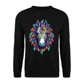 Spirituelles Pferd Mandala Kunstwerk - Unisex Pullover - Schwarz - Vorne - Alina (178cm) & Michal (187cm)