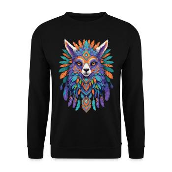 Spirituelles Alpaka Mandala Krafttier Design - Unisex Pullover - Schwarz - Vorne - Alina (178cm) & Michal (187cm)