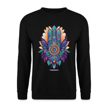 Hamsa Hand Spirituelles Mandala Federn Design - Unisex Pullover - Schwarz - Vorne - Alina (178cm) & Michal (187cm)