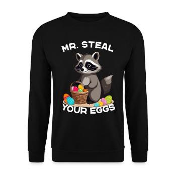 Lustiges Waschbären Eier Dieb Ostern Spruch - Unisex Pullover - Schwarz - Vorne - Alina (178cm) & Michal (187cm)