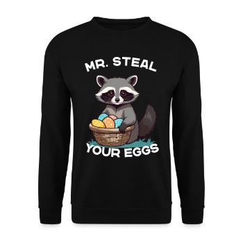 Lustiges Waschbären Eier Dieb Ostern Spruch - Unisex Pullover - Schwarz - Vorne - Alina (178cm) & Michal (187cm)