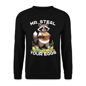 Lustiges Waschbären Eier Dieb Ostern Spruch - Unisex Pullover - Schwarz - Vorne - Alina (178cm) & Michal (187cm)