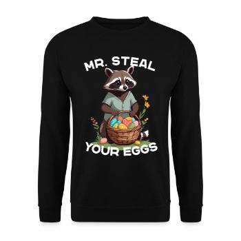 Lustiges Waschbären Eier Dieb Ostern Spruch - Unisex Pullover - Schwarz - Vorne - Alina (178cm) & Michal (187cm)