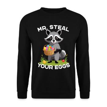 Lustiges Waschbären Eier Dieb Ostern Spruch - Unisex Pullover - Schwarz - Vorne - Alina (178cm) & Michal (187cm)