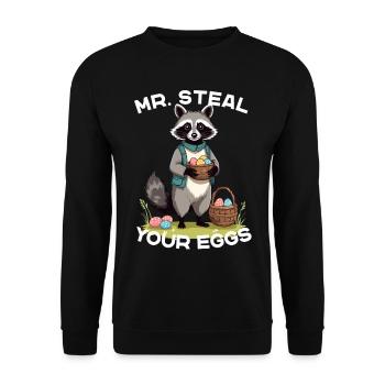 Lustiges Waschbären Eier Dieb Ostern Spruch - Unisex Pullover - Schwarz - Vorne - Alina (178cm) & Michal (187cm)