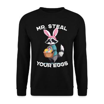 Lustiges Waschbären Eier Dieb Ostern Spruch - Unisex Pullover - Schwarz - Vorne - Alina (178cm) & Michal (187cm)