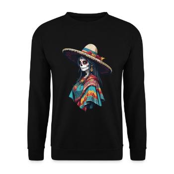 Ikonischer Zuckerschädel Mexiko Skull Streetwear - Unisex Pullover - Schwarz - Vorne - Alina (178cm) & Michal (187cm)