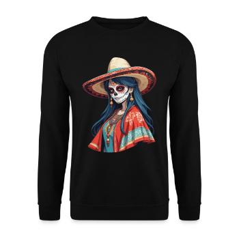 Ikonischer Zuckerschädel Mexikanisches Girl - Unisex Pullover - Schwarz - Vorne - Alina (178cm) & Michal (187cm)