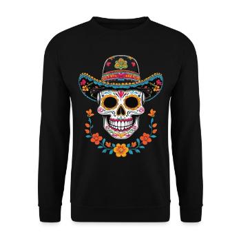 Ikonischer Zuckerschädel Mexikanischer Streetwear - Unisex Pullover - Schwarz - Vorne - Alina (178cm) & Michal (187cm)